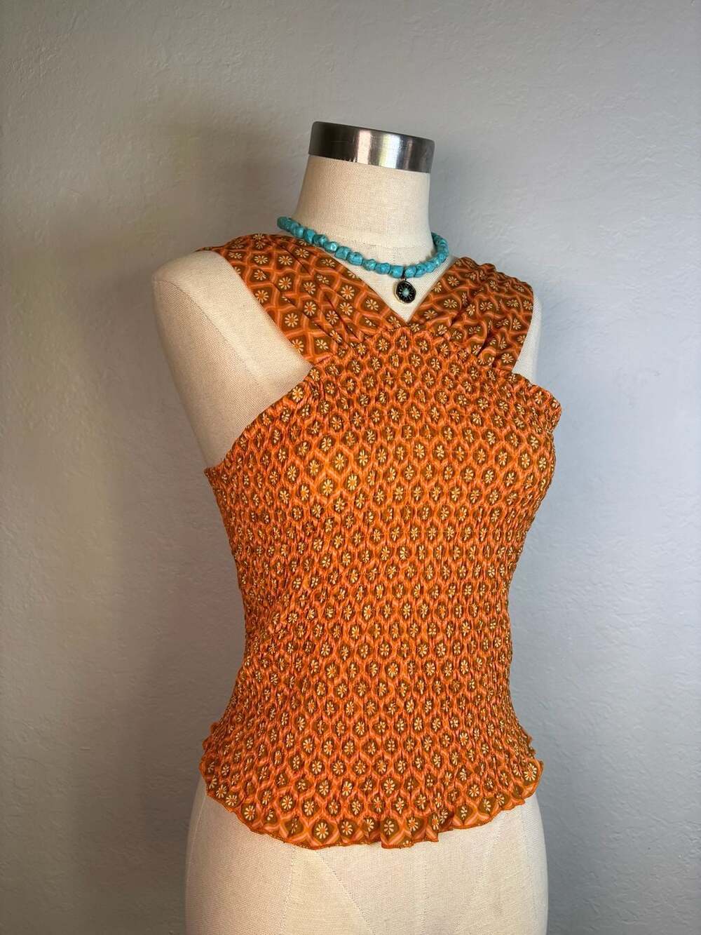 River Island Orange Retro Geometric Daisy Print Halter Shirred Smocked Tank Top